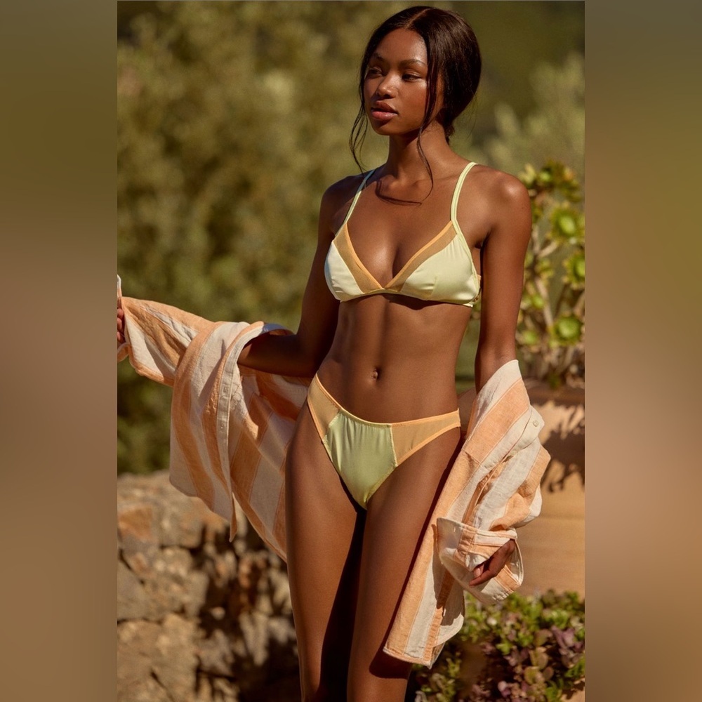 NWT Anthropologie LyreBird Satin Mesh Bikini Set Lime XS
